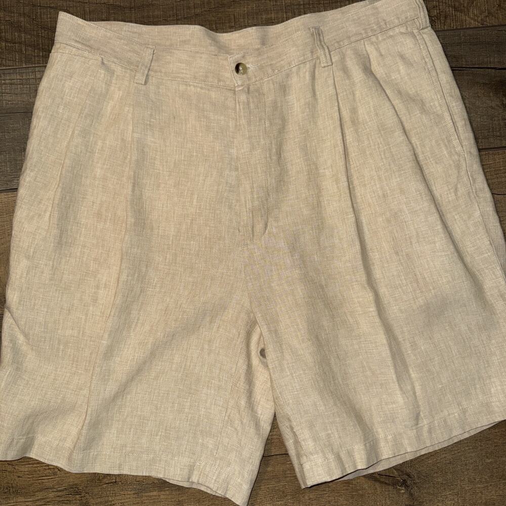 Jos A Bank Mens 38 Beige 100% Linen Travelers Collection Pleated Shorts Wedding